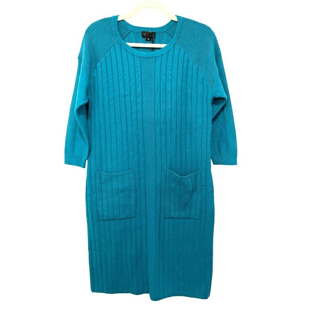 Carlisle Teal Ribbed Knit Sweater Dress Pockets Medium